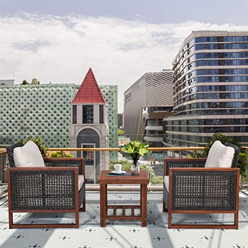 3 Pieces Patio Wicker Furniture Set, Rattan Outdoor Sofa Set w/Washable Cushion & Acacia Wood Coffee Table, Conversation Bistro Set for Garden Balcony Backyard (Beige)