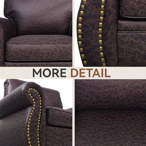 Rivet Couch,Living Room Sets,Mid-Century Couch, Solid Wooden Frame for Living Room,Vintage Couches (Brown, Loveseat+3 Seater)