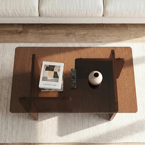 Modern Glass Coffee Table, 39.4 Inches Rectangular Center Tables for Living Room, Coffee Table with Wood Cross Base Easy Assembly Walnut