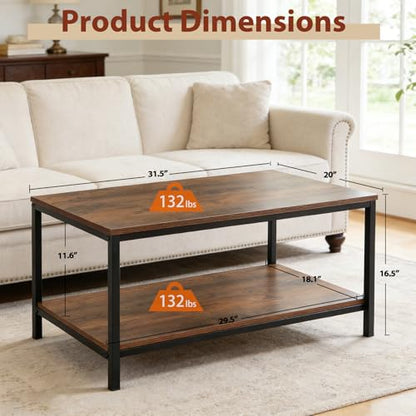 Industrial Coffee Table with Storage Shelf for Living Room, Wood Look Accent Furniture with Vintage Wooden Board Stable Metal Frame Cocktail Table 2-Tier Tea Table, Rustic Brown