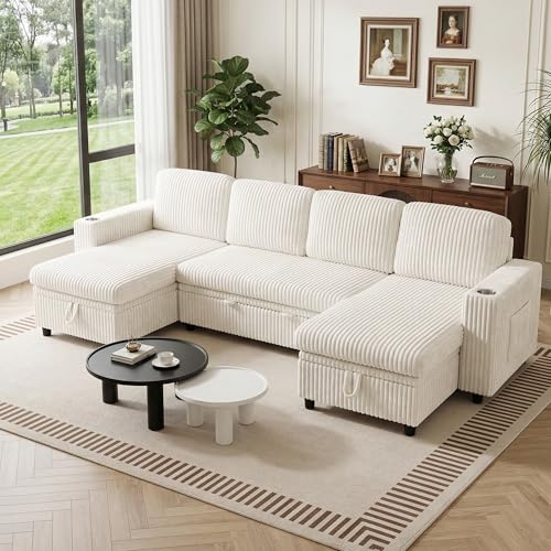 Modular Sectional Sleeper Sofa with Pull Out Bed, Plush Corduroy U Shaped Couch with Storage Chaise, USB Ports, Cup Holders, Comfy Sectional Couches for Living Room, Beige