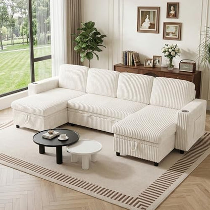 Modular Sectional Sleeper Sofa with Pull Out Bed, Plush Corduroy U Shaped Couch with Storage Chaise, USB Ports, Cup Holders, Comfy Sectional Couches for Living Room, Beige