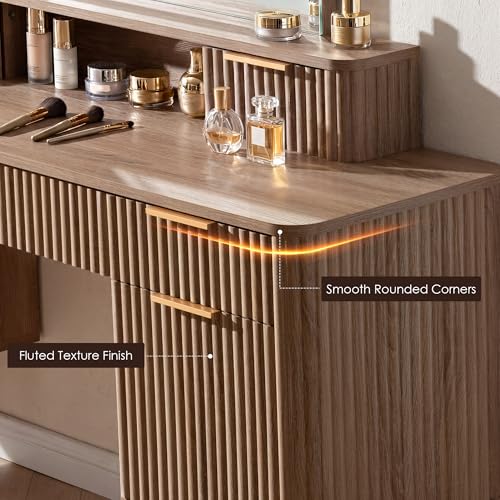 55.7" Fluted Vanity Desk with Arched Mirror, Modern Makeup Vanity, Oak, view 6