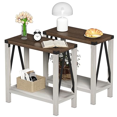 Farmhouse End Table Set of 2, Narrow Side End Table with Storage Shelf, Rustic A-Design Nightstand Sofa Table for Living Room, Bedroom(White&Brown)