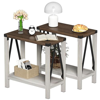 Farmhouse End Table Set of 2, Narrow Side End Table with Storage Shelf, Rustic A-Design Nightstand Sofa Table for Living Room, Bedroom(White&Brown)