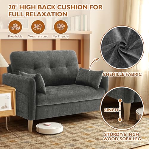 47" Small Sofa Couch for Bedroom, Soft Chenille loveseat Mini Couch with Throw Pillow and Removable Cushion Cover for Small Spaces, Living Room, Apartment, Dorm, Office(Dark Grey)