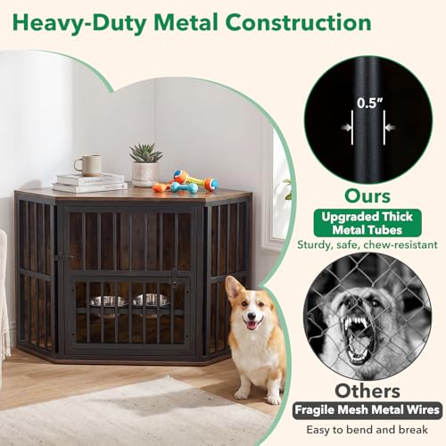 Corner Dog Crate Furniture with Adjustable & Reversible Feeder, view 5