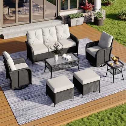 7-Piece Patio Furniture Set with Thick Cushions, Wicker Rattan Outdoor Sectional Sofa with High Back Swivel Rocker Chairs, Outdoor Patio Furniture Set with Coffee Table & Ottoman, Beige