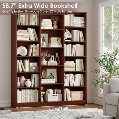 Triple Wide Bookshelf, 6 Tier Large Bookshelf, Bookcase with 17 Open Display Shelves, 74'' Tall Bookcases and Bookshelves for Living Room, Home Office, Library, Cherry