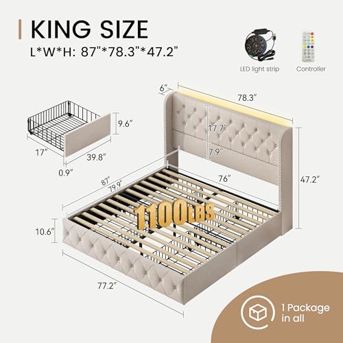 King Size Bed Frame with 4 Storage Drawers and Wingback Headboard, view 3