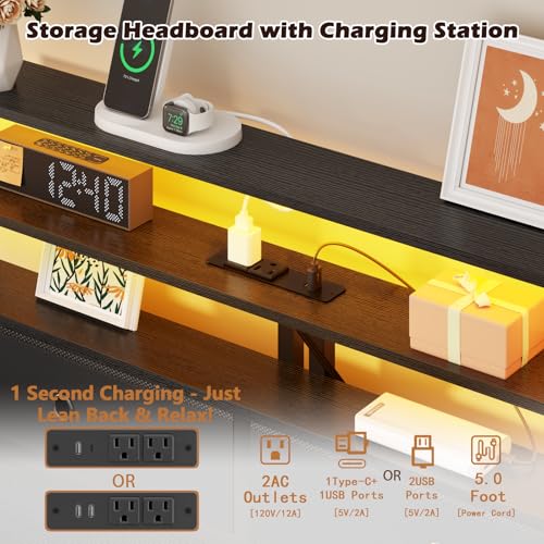 Twin Bed Frames with Charging Station and LED Lights, Black Oak, view 6