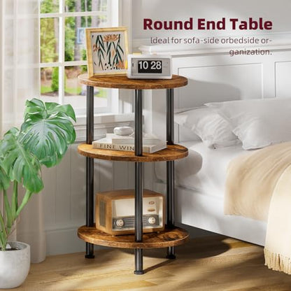 Side Table Living Room, Small Round End Table, 3 Tiers Accent Table for Small Spaces, Rustic Brown