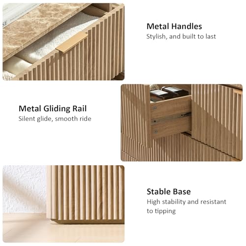63"W Fluted 9 Drawer Bedroom Dresser, with Faux Marble Top,Natural Oak, view 6