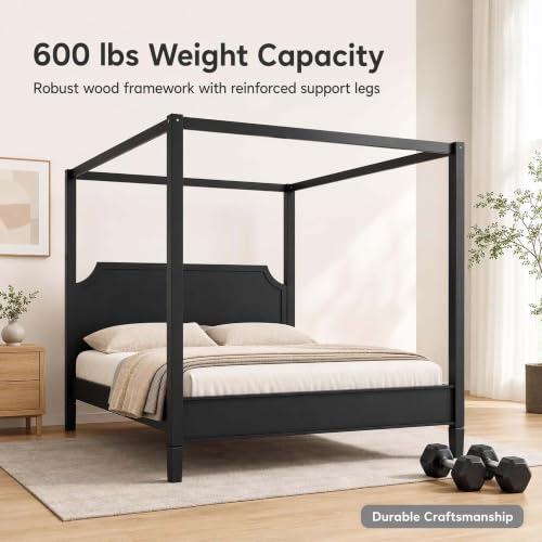 Black Wooden Canopy Bed Frame Queen with Tall Headboard, view 7