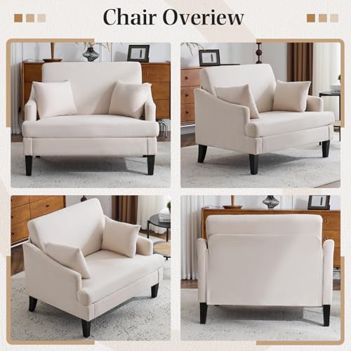 Oversized Accent Chair, 41'' Wide Seat Comfy Armchair with 2 Pillows, Upholstered Big Reading Chair, Modern Single Sofa Chair for Living Room Bedroom Apartment Office, Beige