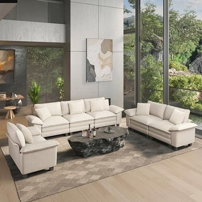 3 Pieces Modular Sectional Couch Set with Armchair Loveseat | Modern 6-Seater Cloud Sofa Set, Beige, Wider Armrest, Comfy Deep Seat, Soft Chenille Furniture Set for Living Room