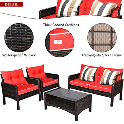 4 Piece Patio Furniture Set, Outdoor Wicker Conversation Set with Glass Top Coffee Table, All Weather Proof and Thick Cushions, Suitable for Porch, Garden, Poolside and Lawn (Red)