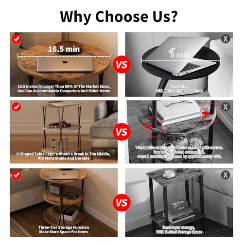 23 Inch Round Side Table 3-Tier End Table Living Room Small Patio Table Nightstands Round Coffee Table Spacious Top for Couch Bedroom 3 Storage Shelves Accent Coffee Table, Rustic Brown