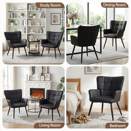 PU Leather Armchair, Modern Mid Century Accent Chair with Backrest & Metal Legs, Comfy Upholstered Barrel Chair for Living Room Bedroom Home Office Vanity Room, Black
