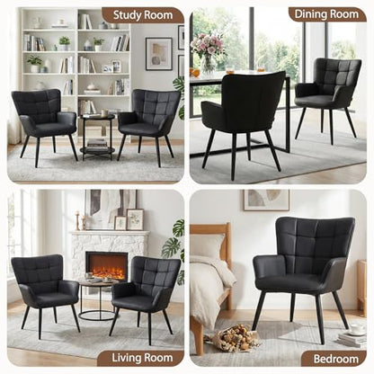 PU Leather Armchair, Modern Mid Century Accent Chair with Backrest & Metal Legs, Comfy Upholstered Barrel Chair for Living Room Bedroom Home Office Vanity Room, Black