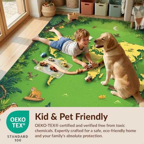 Design&I 6'x9' Green Tropical World Map Adventure Washable Area Rug | Explore Exotic Animals in an Educational Layout for Queen Size Bedroom, Under Bed, Sleek Flatweave Pet Friendly