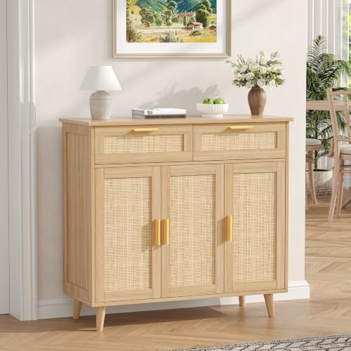 Rattan Sideboard Buffet Cabinet with Storage, 35.4" W Buffet Cabinet with 2 Drawers and 3 Doors, Sideboard Storage Cabinet with Adjustable Shelves for Kitchen, Living Room, Natural Oak
