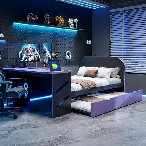 JIVOIT Full Size Daybed with Twin Size Trundle, Wood Daybed with Desk and Cable Management, Stylish Gaming-Inspired Design Sofa Bed, No Box Spring Needed