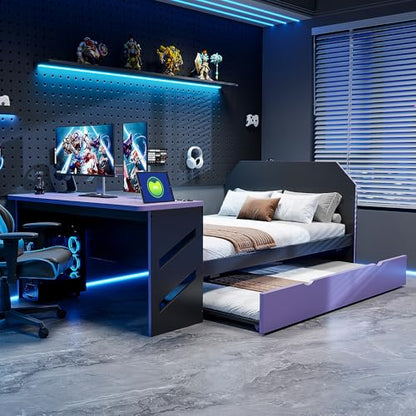 JIVOIT Full Size Daybed with Twin Size Trundle, Wood Daybed with Desk and Cable Management, Stylish Gaming-Inspired Design Sofa Bed, No Box Spring Needed