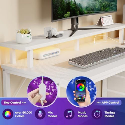L Shaped Gaming Desk with Shelves Storage Drawers 59'', White Computer Desks with LED Lights Power Outlets, Office Wood Table with PC Stand Cable Management for Bedroom Dual Monitor Streaming