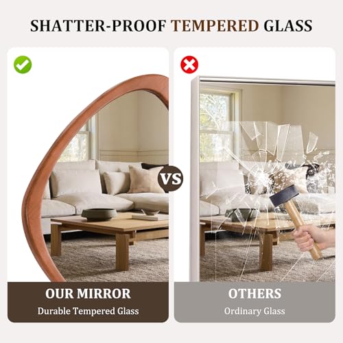 20" H x 25.5" W Asymmetrical Mirror, Irregular Wooden Wall Mirror for Bedroom, Living Room,Entryway– Boho Mid Century Modern Decorative, Solid Wood Frame, Pebble Shaped Design (Walnut)