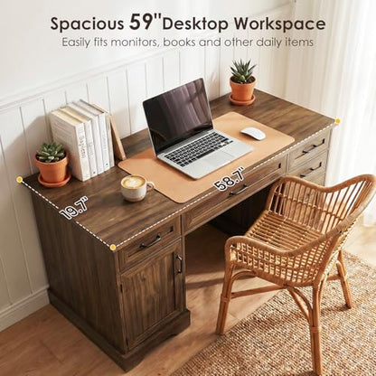 Farmhouse 59 Inch Executive Desk with Drawers, Walnut, view 5