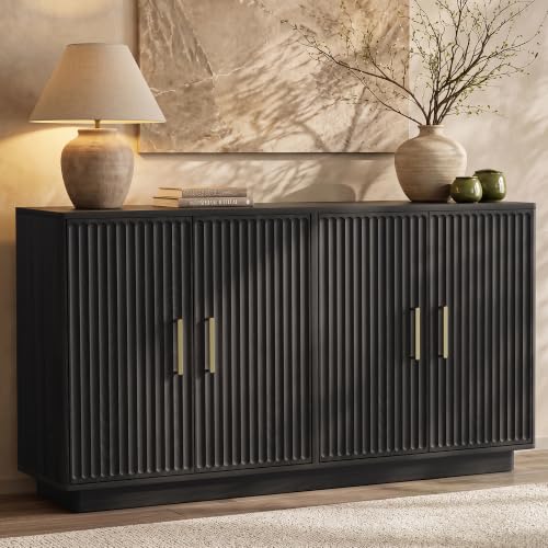 55" Fluted Buffet Cabinet with Storage, Modern Credenza, Black, view 2