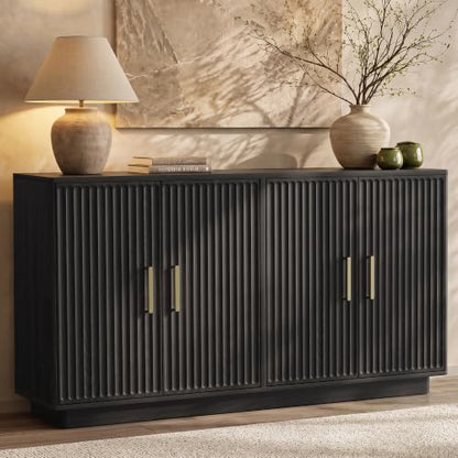 55" Fluted Buffet Cabinet with Storage, Modern Credenza, Black, view 2