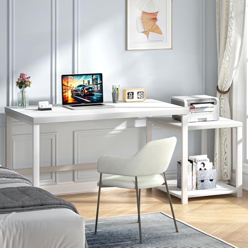 Large White Computer Desk, Home Office Desk with Printer Space & PC Tower Stand, view 4