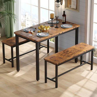 Dining Table Set for 4, 3-Piece Kitchen Table with 2 Benches, Space-Saving Dining Room Set for Breakfast Nook and Small Spaces, Brown