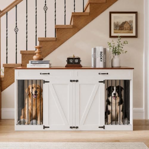 71'' Double Dog Crate Furniture for 2 Dogs, Dog Crate with 2 Drawer, view 3