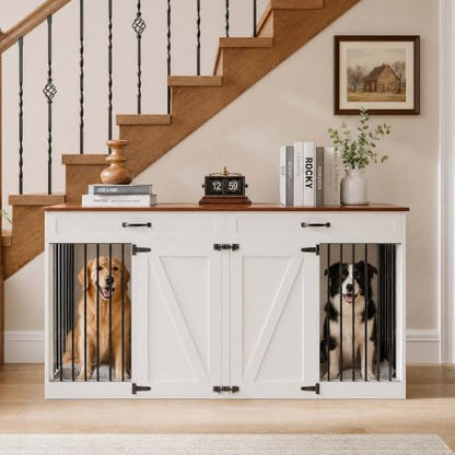71'' Double Dog Crate Furniture for 2 Dogs, Dog Crate with 2 Drawer, view 3