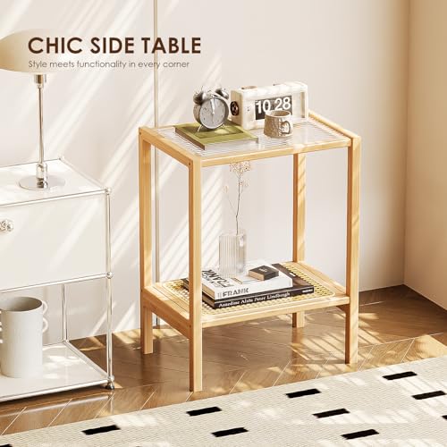 Side Table Nature Rattan Night Stand Glass End Table 2-Tier with Storage Boho Bedside Table for Small Spaces Bamboo Coffee Table for Bedroom Living Room