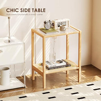 Side Table Nature Rattan Night Stand Glass End Table 2-Tier with Storage Boho Bedside Table for Small Spaces Bamboo Coffee Table for Bedroom Living Room