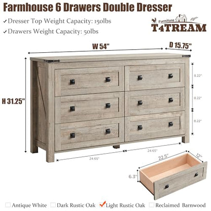 54" Wide Farmhouse 6-Drawer Dresser for Bedroom, Light Rustic Oak, view 3