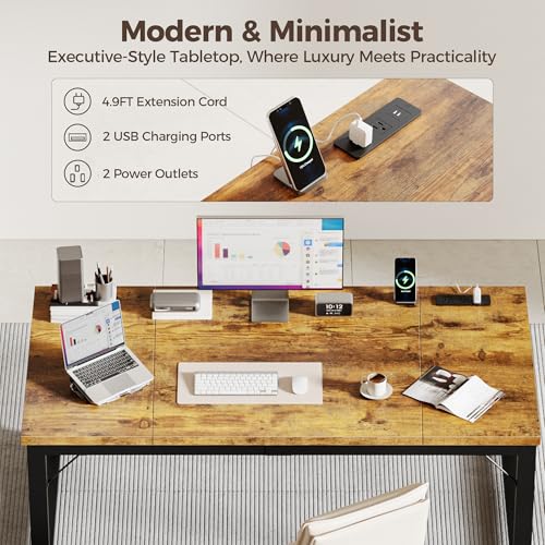 63 Inch Large Computer Desk with Power Outlets, 1.2" Thick Heavy Duty Industrial Office Desk, Modern Simple Study Writing Table for Home Office Bedroom Workstation, Brown