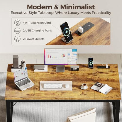 63 Inch Large Computer Desk with Power Outlets, 1.2" Thick Heavy Duty Industrial Office Desk, Modern Simple Study Writing Table for Home Office Bedroom Workstation, Brown