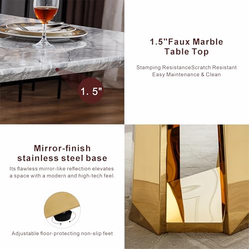 Marble Dining Table for 6 People, 70'' Rectangle Faux Marble Dining Table with Mirrored Stainless Steel Base, Large Size Marble Kitchen Table (Gold,Gray)(only Table)