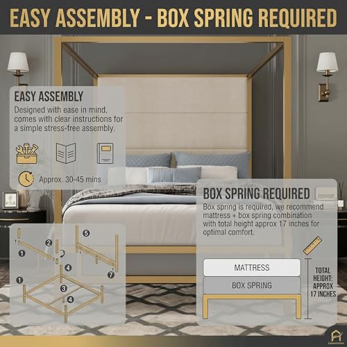 JIJIWANG Queen Size Canopy Bed Frame with Linen Headboard & 4-Poster, Gold, view 8