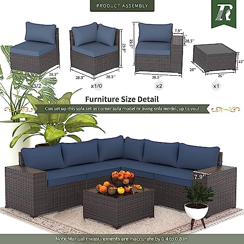 6 PCS Outdoor Patio Furniture Set,Outdoor Sectional Furniture All Weather PE Rattan Wicker Patio Conversation Set with Coffee Table and 5 Thickened Cushions,Navy Blue