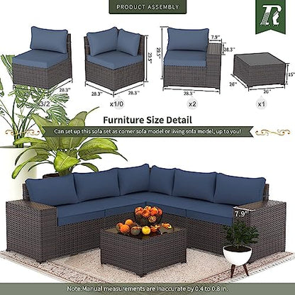 6 PCS Outdoor Patio Furniture Set,Outdoor Sectional Furniture All Weather PE Rattan Wicker Patio Conversation Set with Coffee Table and 5 Thickened Cushions,Navy Blue