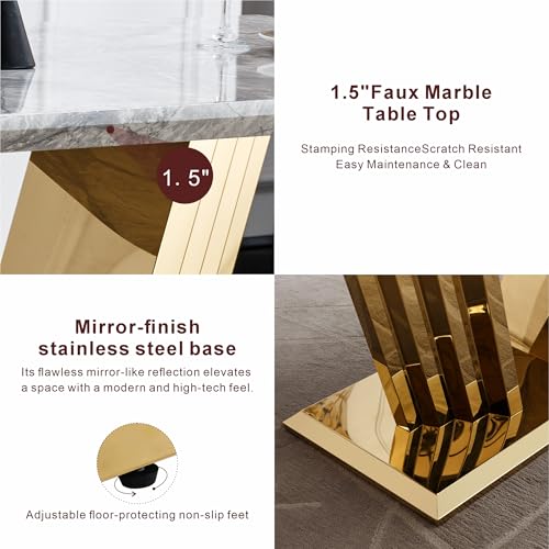 Marble Dining Table for 6 People, 70'' Rectangle Faux Marble Dining Table with Mirrored Stainless Steel Base, Large Size Marble Kitchen Table (Gold,Grey)(only Table)
