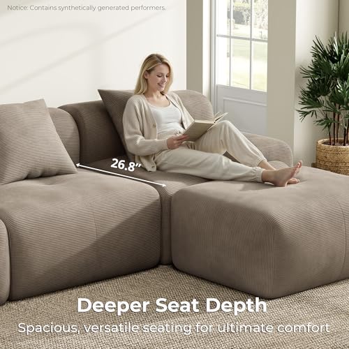 LumiCord Modular Sectional Sofa with Ottoman, 118" L-Shaped Boneless Couch for Living Room, Oversized Deep Seat with Corduroy Upholstery, No Assembly Required, Light Brown