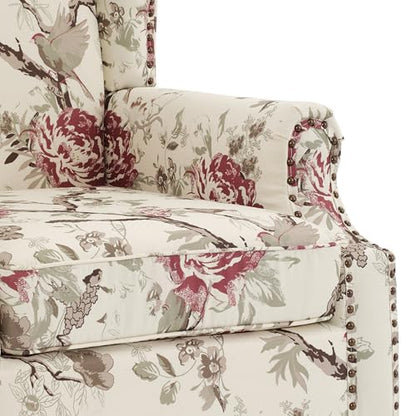 High Back Floral Accent Chair - Retro Wingback Upholstered Armchair with Nailhead Trim, Solid Wood Legs, Fabric Living Room Bedroom Reading Chair (Flower Beige)