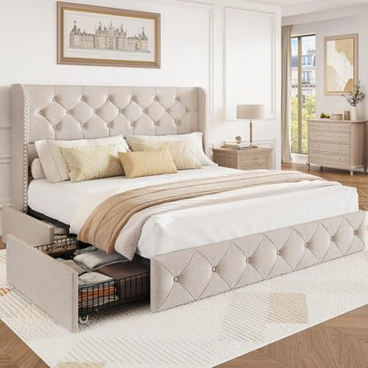 Queen Size Bed Frame with Storage Drawers and Wingback Headboard Linen Upholstered Platform Bed Frame Tufted Beds with Heavy Duty Wood Slats, Noise Free, Easy Assembly, Beige